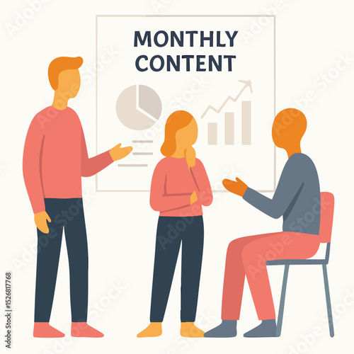Flat Style People Discussing Monthly Content on Presentation Board Illustration