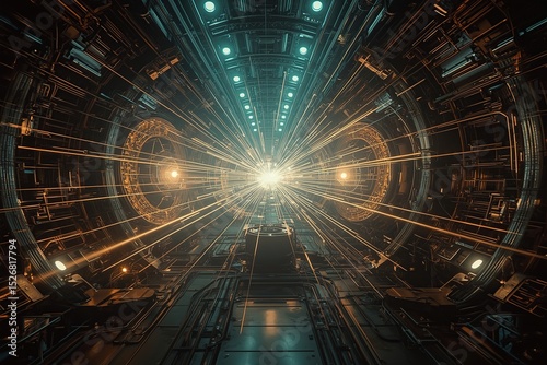 High-tech atomic accelerator pulses with energy, its glowing beams twisting through magnetic fields, framed by silver detectors and a deep blue backdrop.