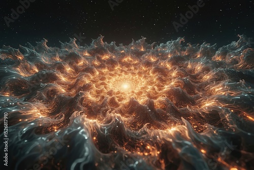 A luminous vortex of atomic energy pulses with iridescent fractal patterns, set in a deep starry sky, blending science and surreal artistry.