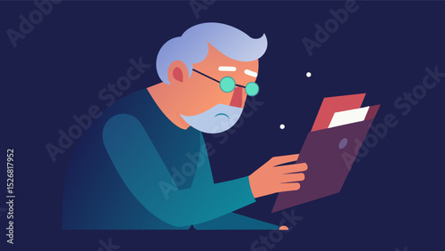 An older man squinting at the screen trying to read the small font and adjust the brightness and volume without success.. Vector illustration