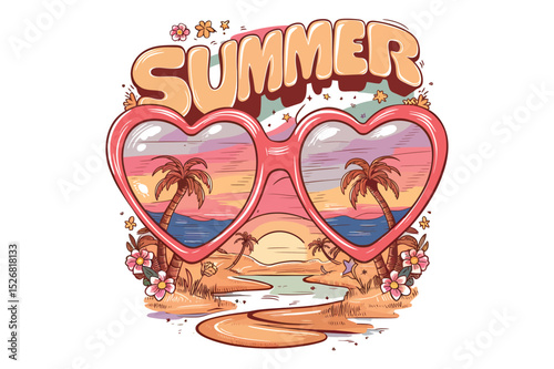 Colorful summer vibes with heart shaped sunglasses and tropical beach scene vector illustration