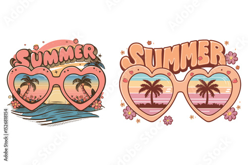 Retro summer designs featuring sunglasses heart shaped beach sunset palm trees and floral accents