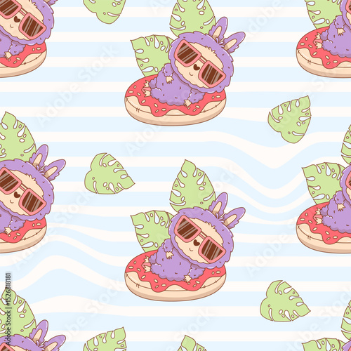 Seamless summer pattern. Cute Monster Toy In sunglasses swim on inflatable donut on striped background with tropical leaves. Beach Funny kawaii character. Vector illustration