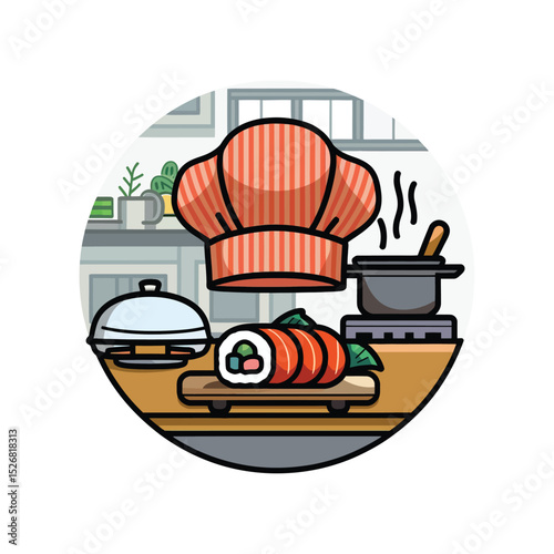vector icons cooking food chef hat include a pizza slice, a sushi roll, spaghetti and meatballs, a curry bowl burger , fish 
