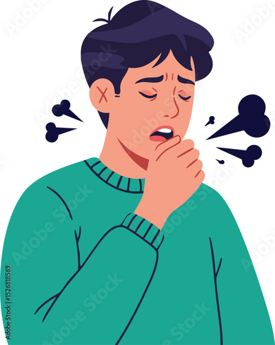 Young man coughing with closed eyes feeling ill wearing green sweater vector illustration 