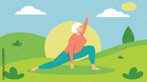 An elderly person practicing yoga on a grassy hill finding physical strength and mental peace in the embrace of nature.. Vector illustration