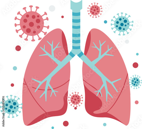 Human lungs illustration with virus particles representing respiratory infection and health impact vector graphic 