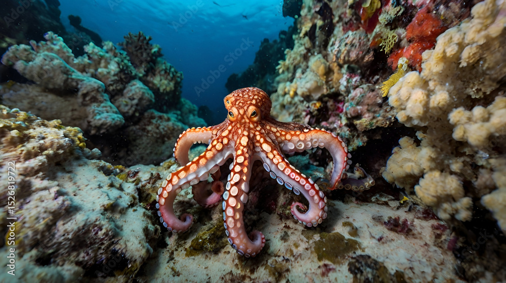 An octopus moves quietly among underwater rocks.
An octopus moves quietly among underwater rocks.
