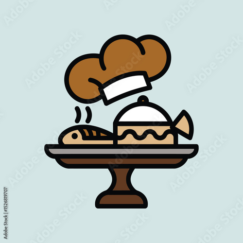 vector icons cooking food chef hat include a pizza slice, a sushi roll, spaghetti and meatballs, a curry bowl burger , fish 
