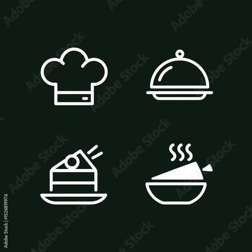 vector icons cooking food chef hat include a pizza slice, a sushi roll, spaghetti and meatballs, a curry bowl burger , fish 
