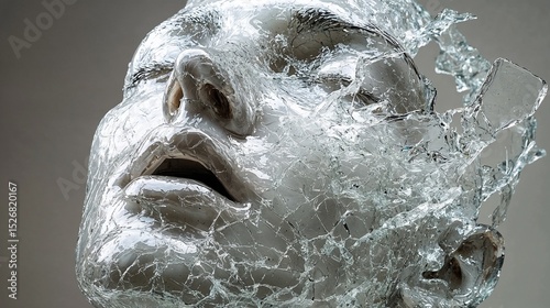 Conceptual Portrait of a Face Shattering into Broken Glass, Representing Trauma and Mental Fragility