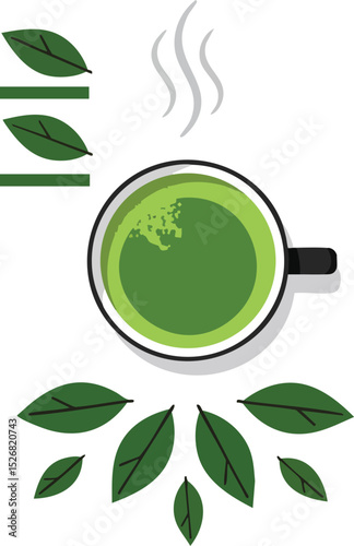 Green tea cup with fresh leaves and steam illustration for healthy beverage concept vector design 