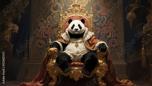 A majestic panda bear sits regally on a golden throne, adorned in a red and gold robe and a jeweled necklace, symbolizing power and nobility against an ornate backdrop .