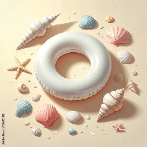 Floating swim ring with seashells and starfish on sandy surface  