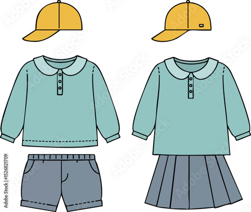 Kids casual clothing set with yellow baseball caps shorts and pleated skirt vector illustration 