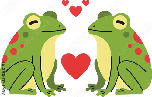 Two green frogs facing each other with red hearts above and between them in cute love illustration 