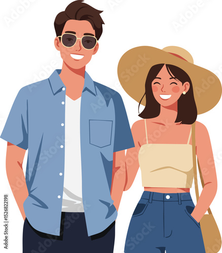 Young smiling couple wearing casual summer clothes and accessories enjoying sunny day vector illustration 