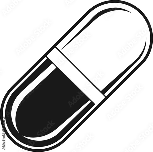 Black and white stylized capsule illustration depicting medicine healthcare medical treatment and pharmaceutical concepts