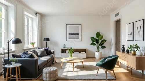 A bright, modern living room with minimalist decor, large windows, and stylish furniture creating a cozy, inviting atmosphere.