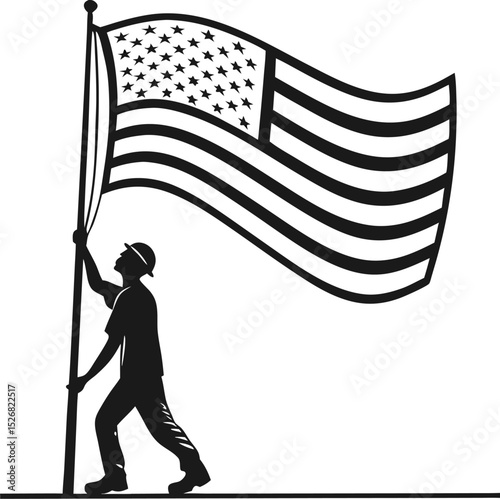 Patriotic silhouette raising the american flag symbolizing american values and national pride