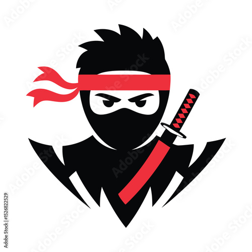 Stylized ninja silhouette isolated on white background. A fierce black silhouette of a ninja warrior, holding a katana, is isolated on a white background. Ninja warrior logo design 