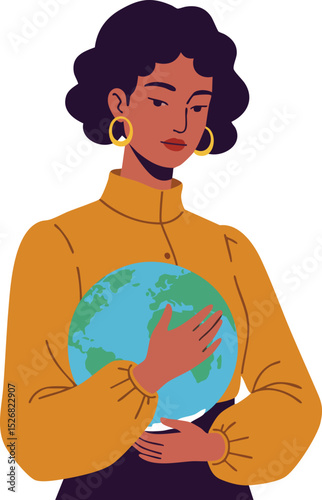 Woman holding earth globe in orange sweater showing environmental care and global responsibility vector illustration 
