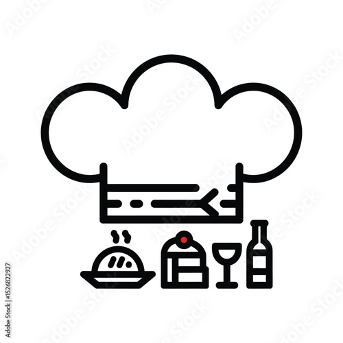 vector icons cooking food chef hat include a pizza slice, a sushi roll, spaghetti and meatballs, a curry bowl burger , fish 
