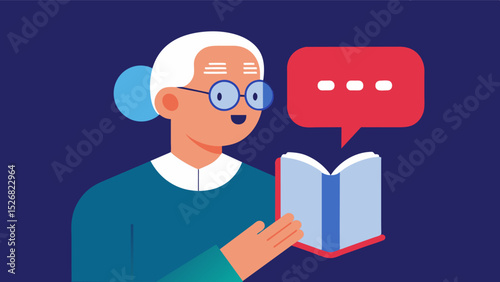 An elderly person using a voicetotext device to read out a book following along with a finger.. Vector illustration
