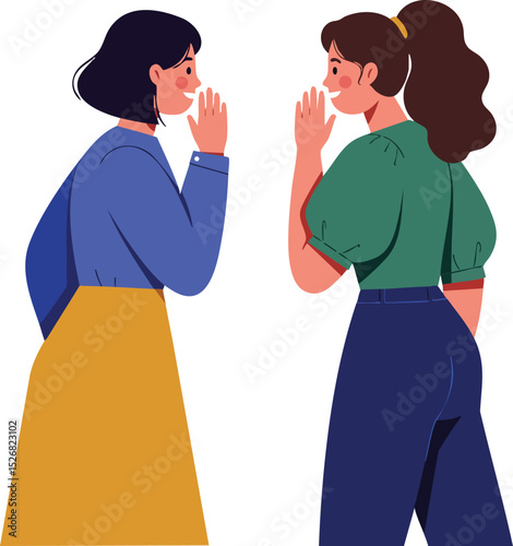 Two women sharing secrets and whispering to each other in casual clothing vector illustration 