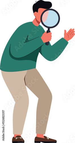 Man with magnifying glass inspecting closely in casual outfit vector illustration 