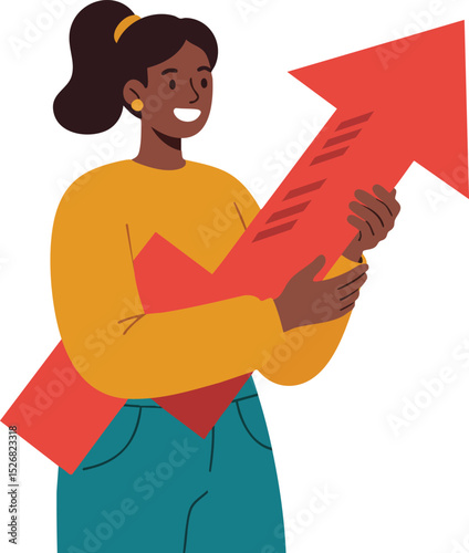 Woman holding upward red arrow symbolizing growth and success in business and career development vector illustration 