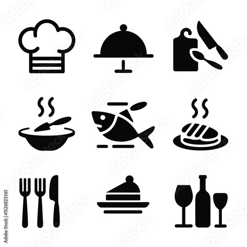 vector icons cooking food chef hat include a pizza slice, a sushi roll, spaghetti and meatballs, a curry bowl burger , fish 
