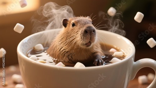 A charming capybara relaxing in a mug of hot chocolate with marshmallows, creating a whimsical and cozy scene perfect for winter or animal lovers .