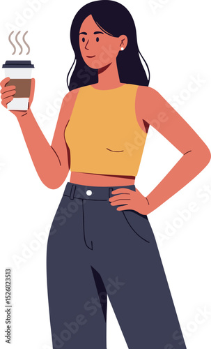 Woman holding hot coffee cup wearing yellow top and dark pants vector illustration casual lifestyle pose 