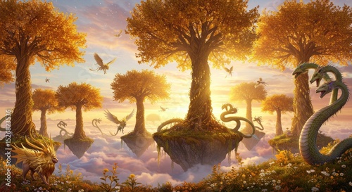 Fantasy landscape with golden trees and floating islands