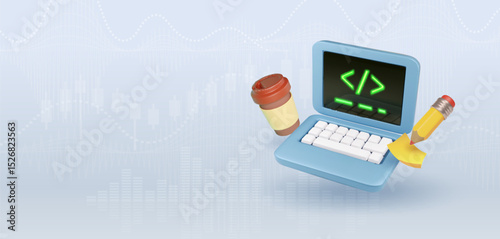 Computer laptop and program code development, coding screen. coffee and pen. IT technologies, website programming, data programming. 3d vector icon.
