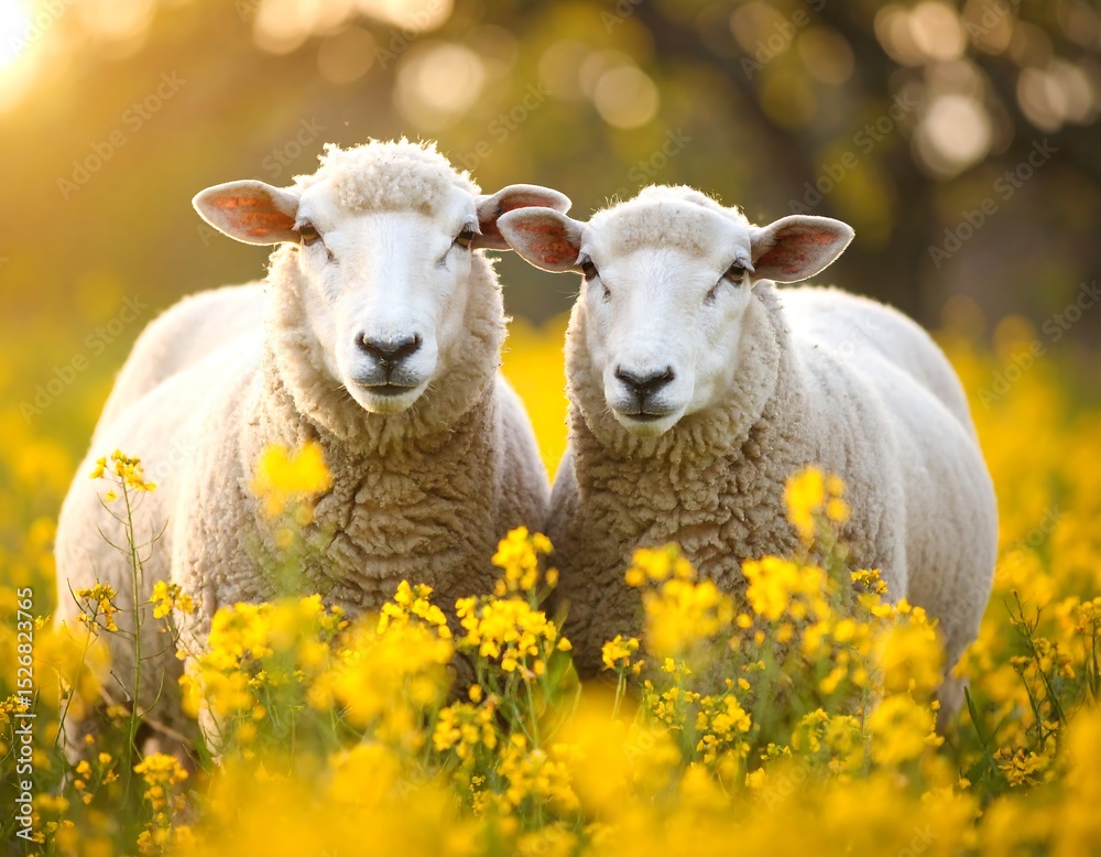 Fototapeta premium Two sheep in a field of yellow flowers