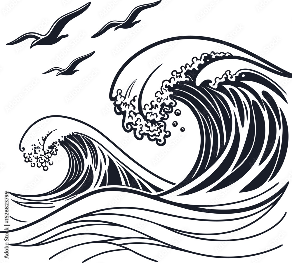 Obraz premium Black and white vector illustration of a tribal fish tattoo design with ocean wave patterns