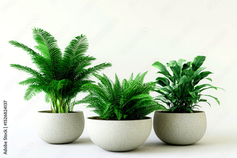 Three lush green plants in modern pots Three lush green plants in modern pots