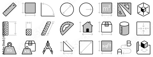 Icons in two tones about length, weight and volume