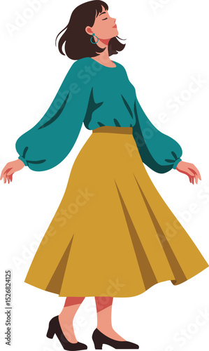 Woman wearing teal blouse and mustard yellow skirt walking confidently in high heels vector illustration 