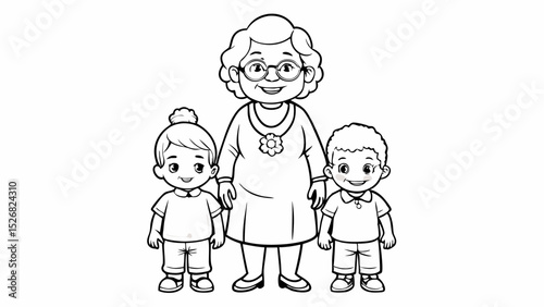 Grandma standing with her grandchildren in black and white illustration