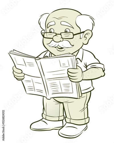 Grandpa reading a newspaper in light green illustration