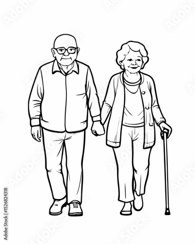 Retired couple walking hand in hand in black and white illustration