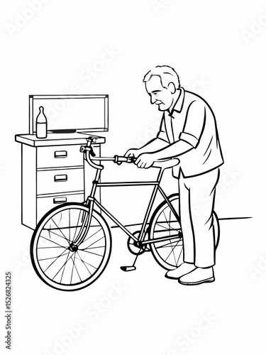 Grandpa fixing bicycle in garage illustration in black and white