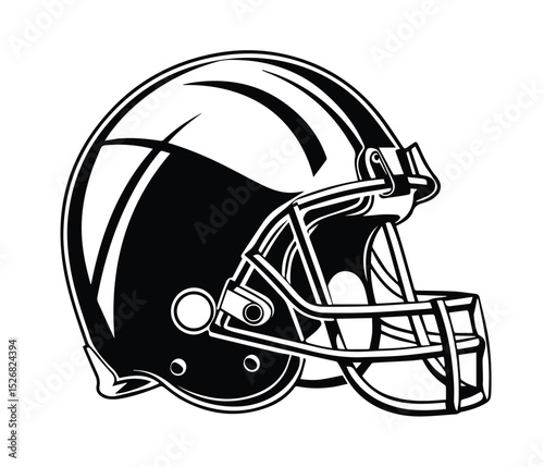 Black and white illustration of a football helmet. graphic illustration of a classic football helmet.