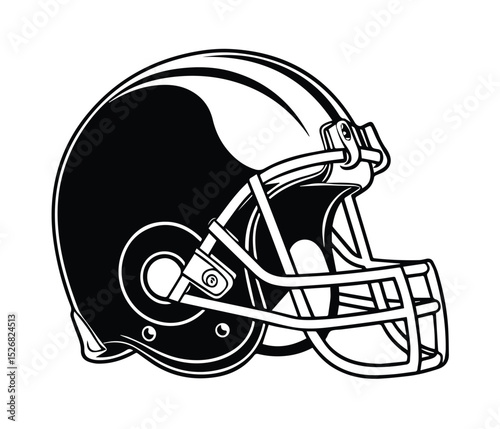 Black and white illustration of a football helmet. graphic illustration of a classic football helmet.