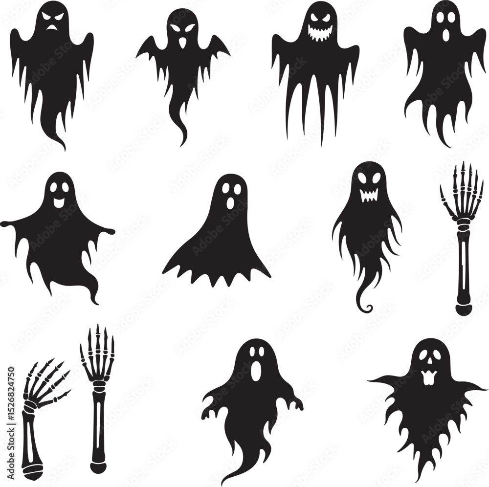 Obraz premium Spooky Ghost and Skeleton Silhouettes for Halloween Design Vector White Background 