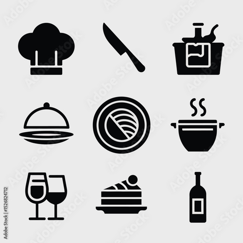 vector icons cooking food chef hat include a pizza slice, a sushi roll, spaghetti and meatballs, a curry bowl burger , fish 
