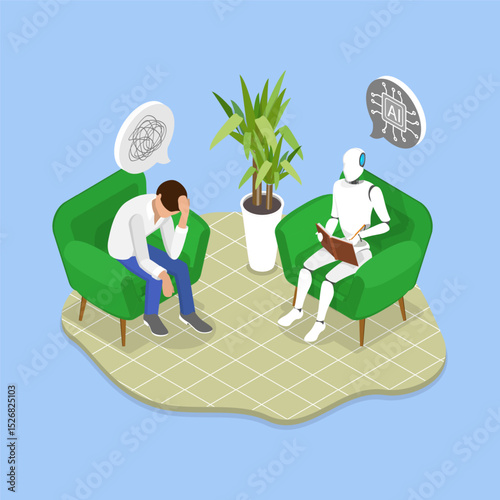 3D Isometric Flat Vector Illustration of Mental Health Treatment, AI Psychologist Robot Providing Therapy To A Depressed Patient